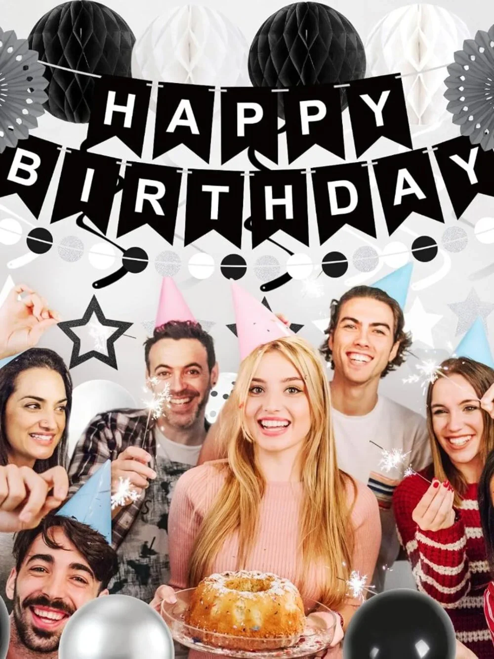 Black Silver White Birthday Party Decorations Kit Balloons Banner Adult Decor